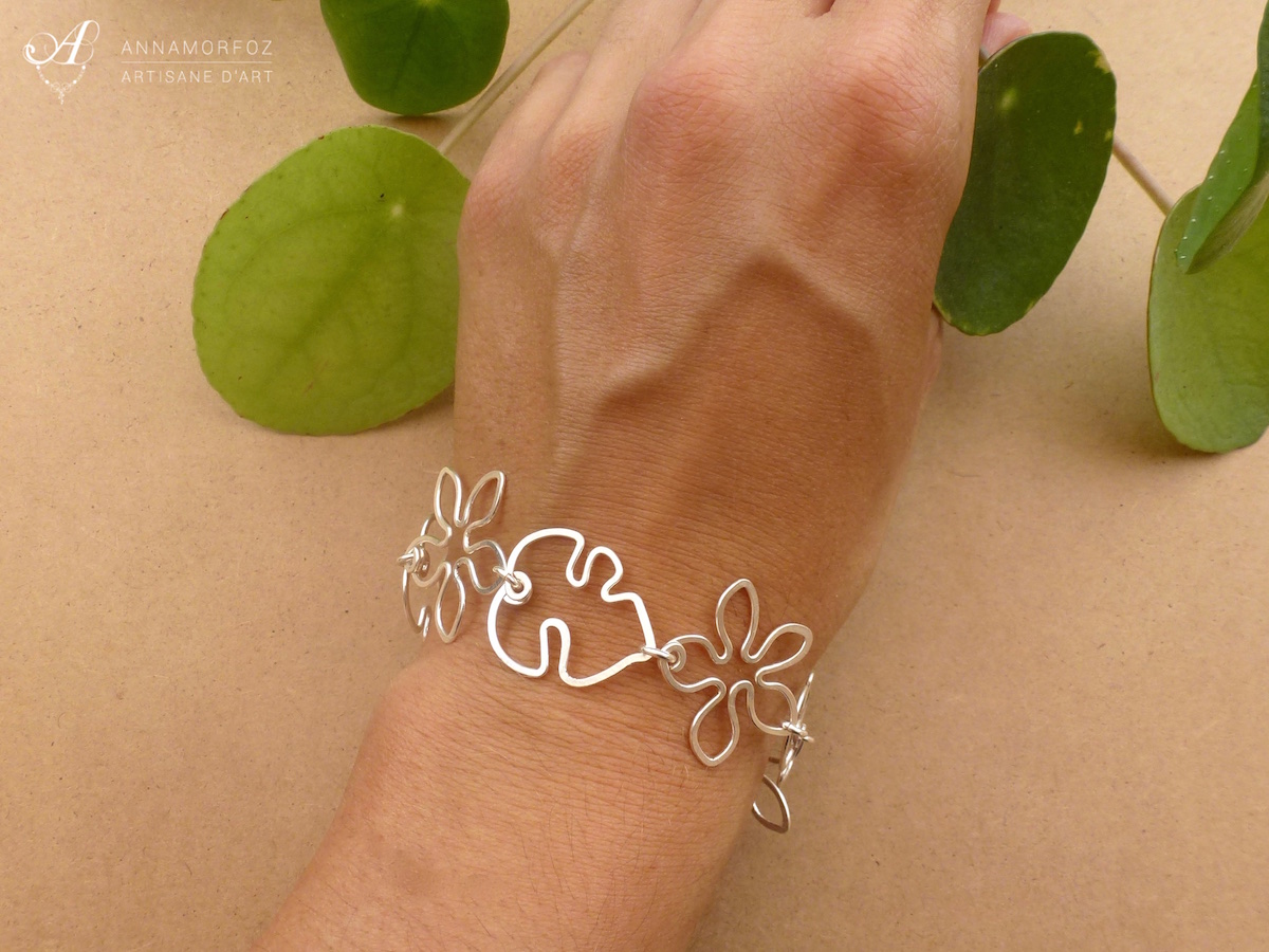 bracelet tropical fleurs et feuilles argenté